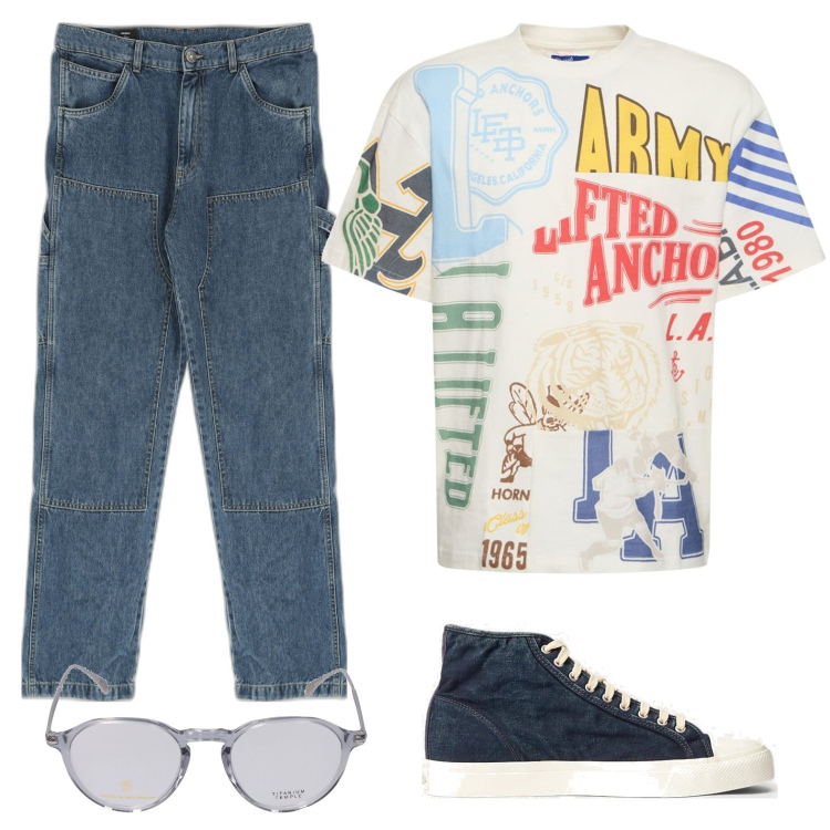 Outfit uomo - La maglia con le stampe. Stile Trendy per Tutti i giorni. Abbinamento con pantaloni, sneakers, occhiali da sole, t-shirt.