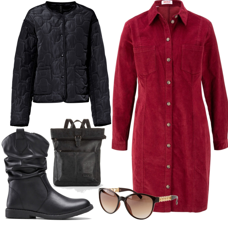 Outfit donna - Vestito color foglie d\'autunno. Stile Basic per Tutti i giorni. Abbinamento con vestiti, zaini, stivali, giacche, occhiali da sole.