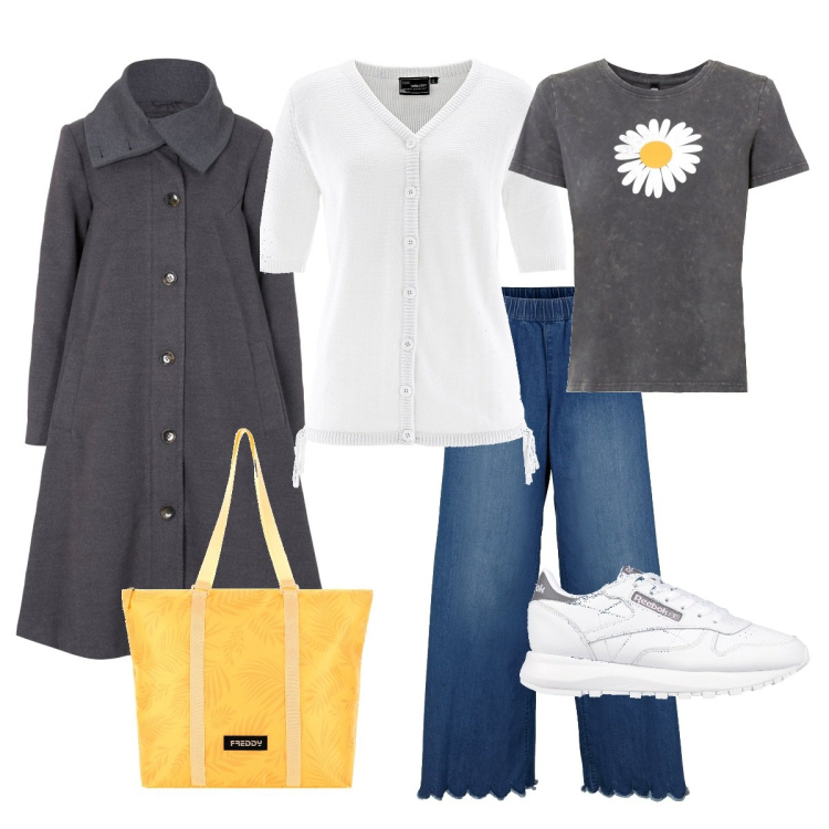 Outfit donna - Margherita. Stile Casual per Tutti i giorni. Abbinamento con t-shirt, cappotti, cardigans, jeans, sneakers, borse tote.