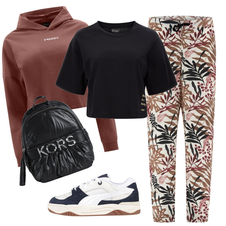 Outfit donna - Andiamo ad allenarci. Stile Sporty chic per Sport. Abbinamento con zaini, sneakers, felpe con cappuccio, pantaloni, t-shirt.