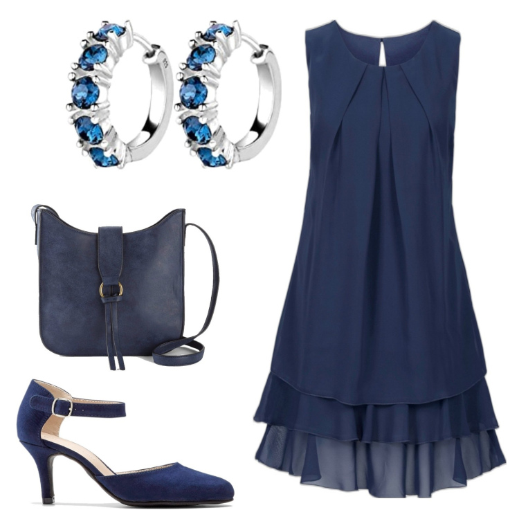Outfit donna - Blu notte. Stile Chic per Serata fuori. Abbinamento con vestiti, décolleté, borse a tracolla, orecchini.