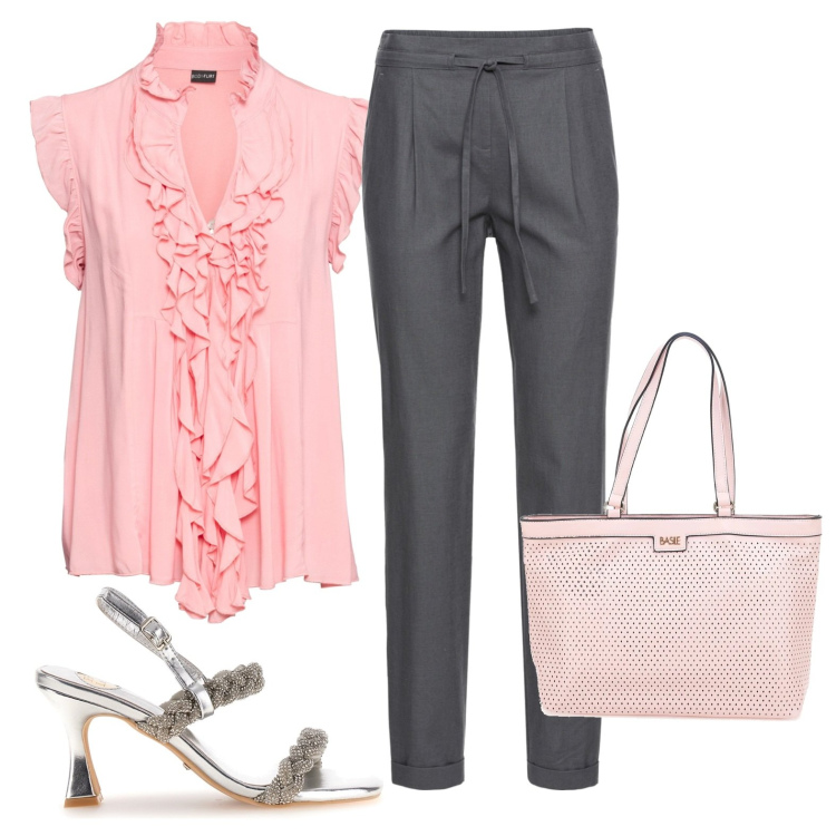 Outfit donna - Classica. Stile Bon Ton per Serata fuori. Abbinamento con pantaloni, maglieria, borse a spalla, sandali col tacco.