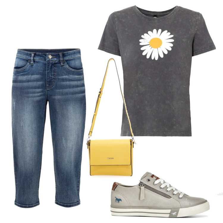 Outfit donna - La maglia con la margherita. Stile Sporty chic per Tutti i giorni. Abbinamento con t-shirt, jeans, sneakers, borse a tracolla.