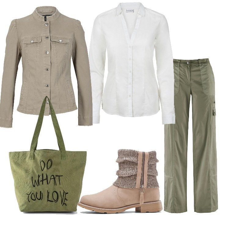 Outfit donna - Utility chic fall. Stile Trendy per Tutti i giorni. Abbinamento con pantaloni cargo, camicie, blazer, stivaletti, shopping bag.
