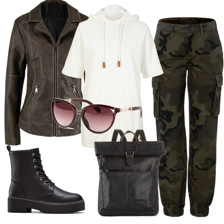 Outfit donna - Giornate autunnali. Stile Casual per Tutti i giorni. Abbinamento con zaini, stivaletti, occhiali da sole, pantaloni cargo, blazer, felpe con cappuccio.