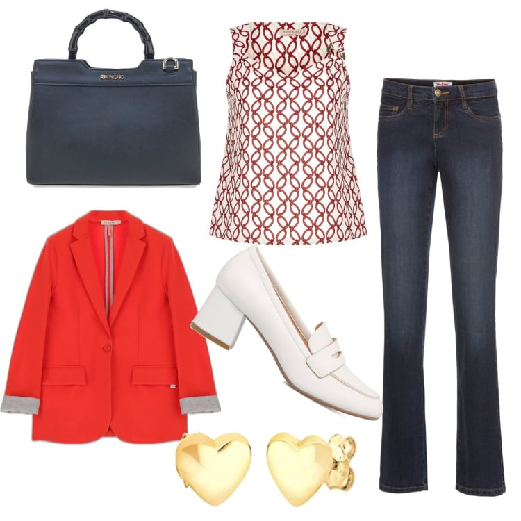 Outfit donna - Outfit x l\'autunno. Stile Casual chic per Ufficio. Abbinamento con jeans bootcut, top, giacche, mocassini, borse a mano, orecchini.
