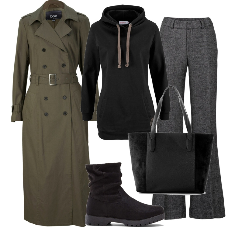 Outfit donna - Trenchissima. Stile Casual per Scuola/Università. Abbinamento con pantaloni a palazzo, shopping bag, felpe con cappuccio, trench, stivaletti.