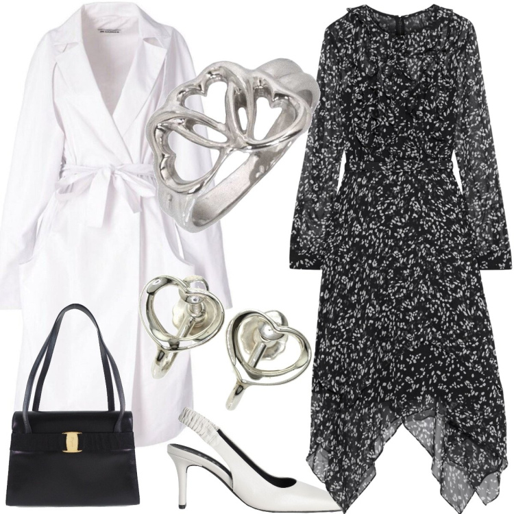 Outfit donna - Total look #1708039. Stile Romantica per Tutti i giorni. Abbinamento con décolleté, cappotti, vestiti midi/longuette, anelli, borse a spalla, orecchini.