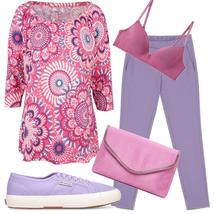 Outfit donna - Al lavoro. Stile Casual per Ufficio. Abbinamento con maglieria, reggiseni, pantaloni capri, clutch, sneakers.
