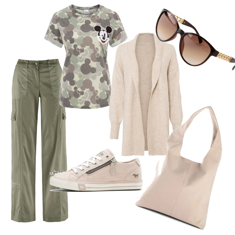 Outfit donna - Per tutti i giorni. Stile Basic per Tutti i giorni. Abbinamento con pantaloni cargo, cardigans, sneakers, maglieria, shopping bag, occhiali da sole.