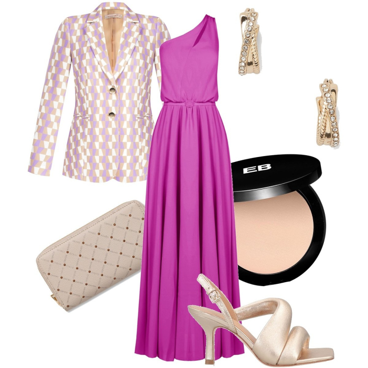 Outfit donna - L’abito scontato. Stile Chic per Cerimonia. Abbinamento con sandali in pelle, vestiti asimmetrici, giacche, orecchini, portafogli, fondotinta.