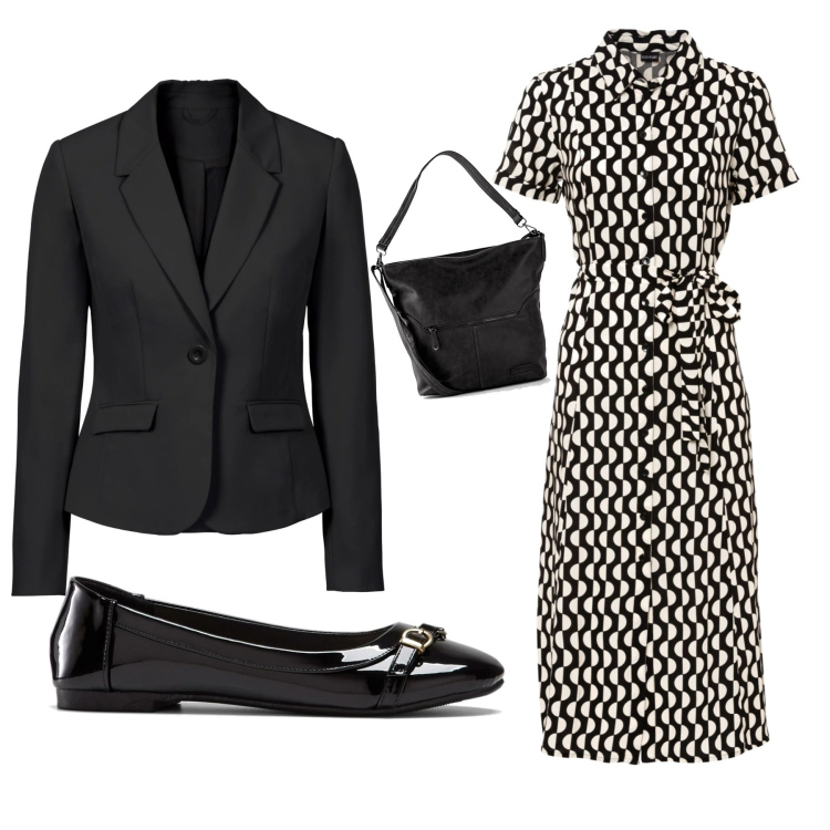 Outfit donna - Ballerine in vernice. Stile Basic per Ufficio. Abbinamento con borse a tracolla, vestiti chemisier, blazer, ballerine.