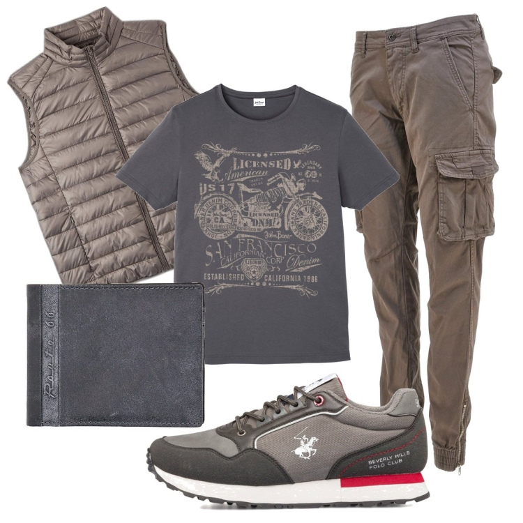 Outfit uomo - Casual in grigio. Stile Casual per Tutti i giorni. Abbinamento con t-shirt, cappotti, sneakers, pantaloni cargo, portafogli.
