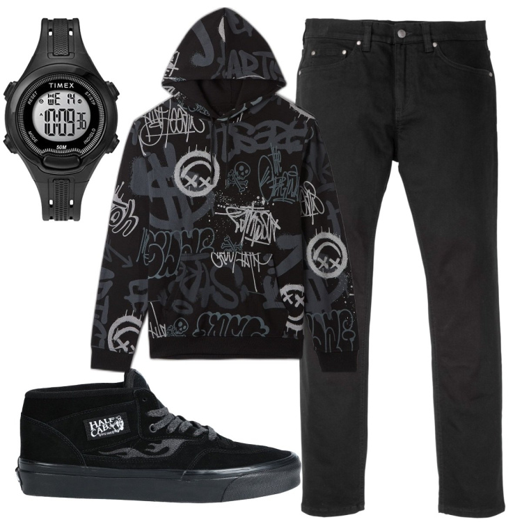 Outfit uomo - Total look #1708257. Stile Casual per Tutti i giorni. Abbinamento con jeans slim fit, sneakers alte, felpe con cappuccio, orologi digitali.