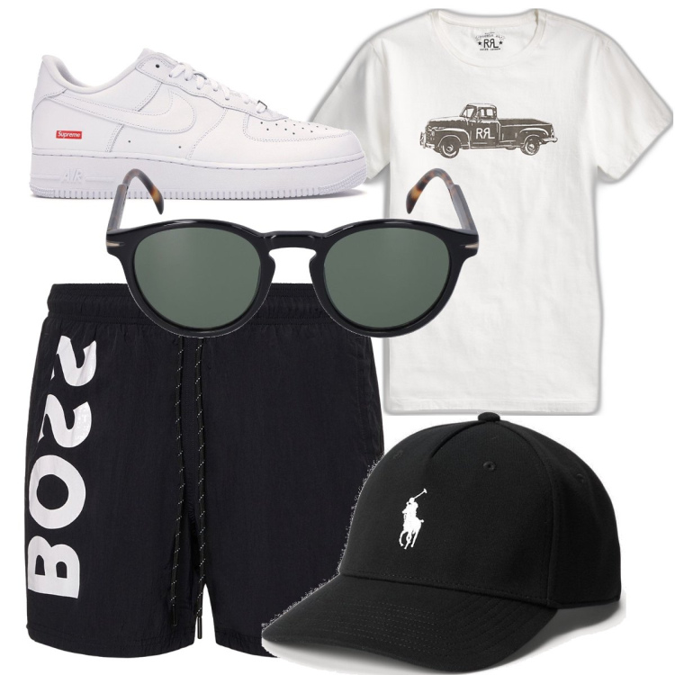 Outfit uomo - A passeggio!. Stile Urban per Tutti i giorni. Abbinamento con sneakers, t-shirt, cappelli con visiera, shorts, occhiali da sole.