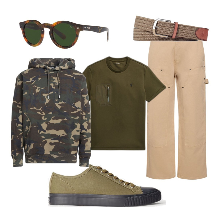 Outfit uomo - Total look #1708301. Stile Trendy per Tutti i giorni. Abbinamento con felpe con cappuccio, sneakers, cinture, occhiali da sole, t-shirt, pantaloni cargo.