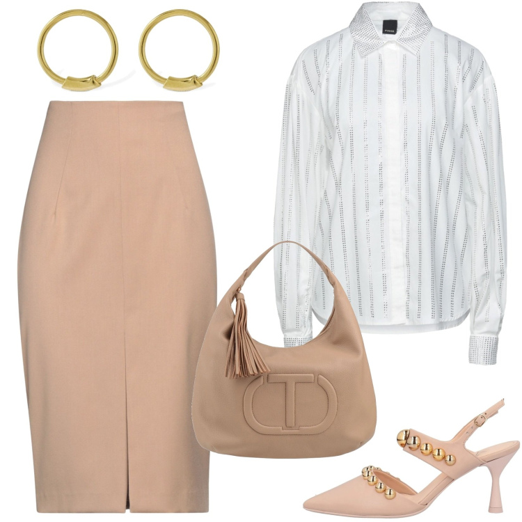 Outfit donna - In ufficio. Stile Casual chic per Ufficio. Abbinamento con décolleté, borse a mano, gonne longuette, camicie, orecchini.