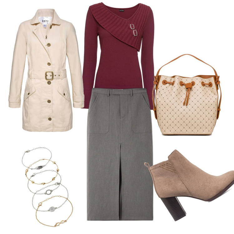 Outfit donna - I primi freddi. Stile Casual Abbinamento con maglieria, braccialetti con ciondoli, trench, gonne lunghe, stivaletti, borse a spalla.