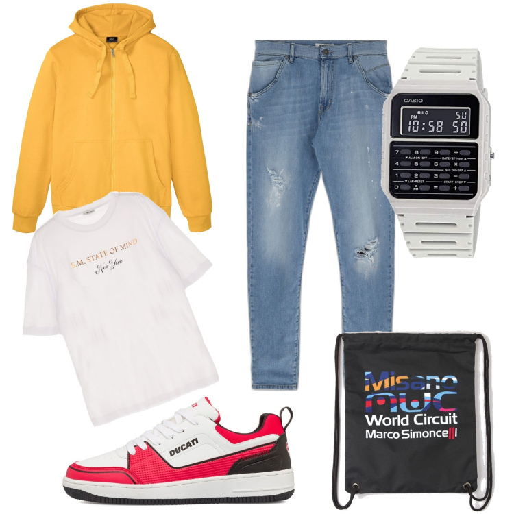 Outfit uomo - State of mind. Stile Casual per Tutti i giorni. Abbinamento con felpe con cappuccio, borse sportive, jeans dritti, t-shirt, sneakers, orologi digitali.