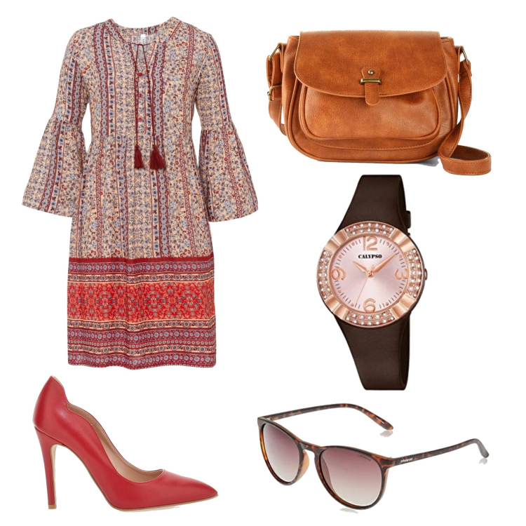Outfit donna - L\'abito etnico con i tacchi. Stile Etnico per Serata fuori. Abbinamento con borse a tracolla, vestiti, orologi, décolleté, occhiali da sole.