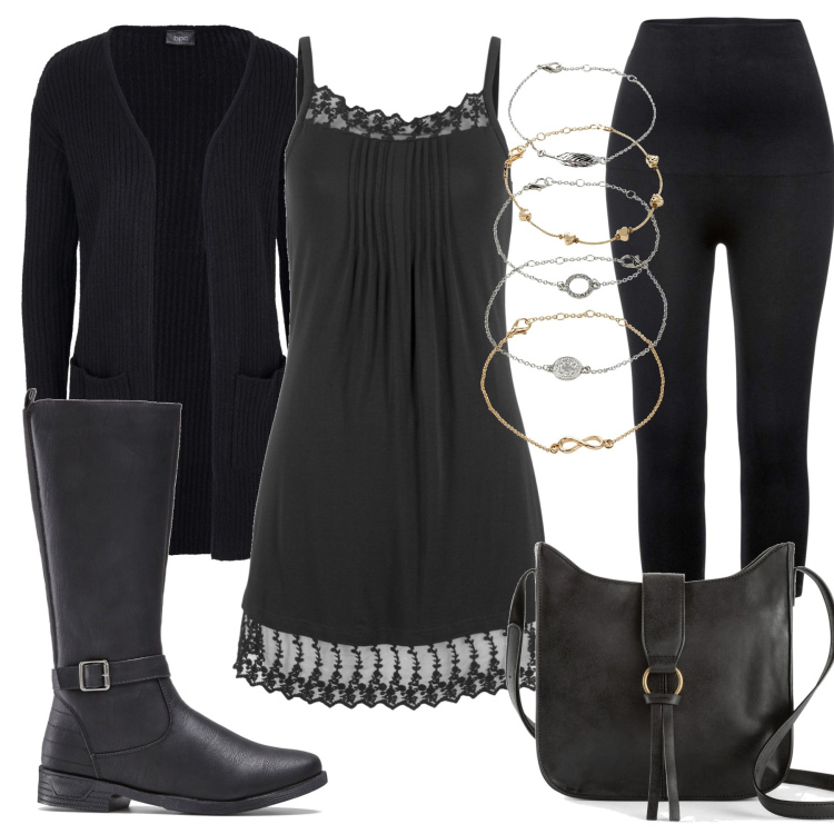 Outfit donna - Total black. Stile Glamour per Tutti i giorni. Abbinamento con borse a tracolla, stivali, braccialetti con ciondoli, top, leggings, cardigans.