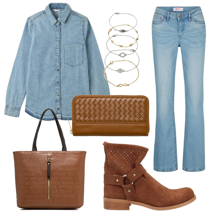 Outfit donna - Marrone e jeans. Stile Casual per Tutti i giorni. Abbinamento con braccialetti con ciondoli, jeans bootcut, stivaletti, camicie, portafogli, borse a spalla.