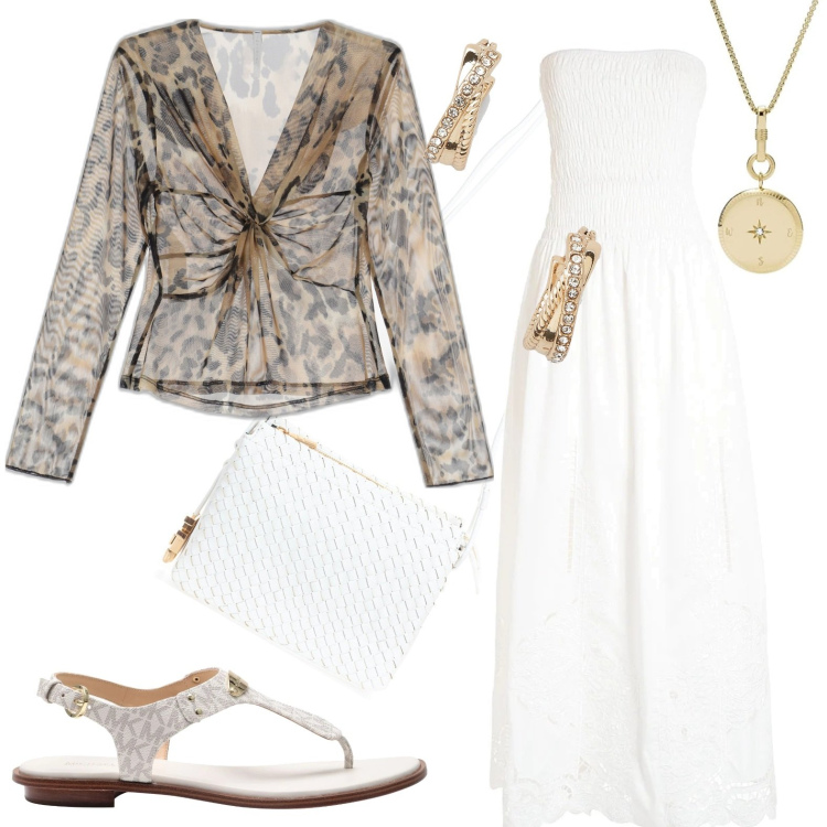 Outfit donna - Total look #1708533. Stile Casual chic per Mare. Abbinamento con infradito, vestiti lunghi, borse a tracolla, maglieria, orecchini, ciondoli.