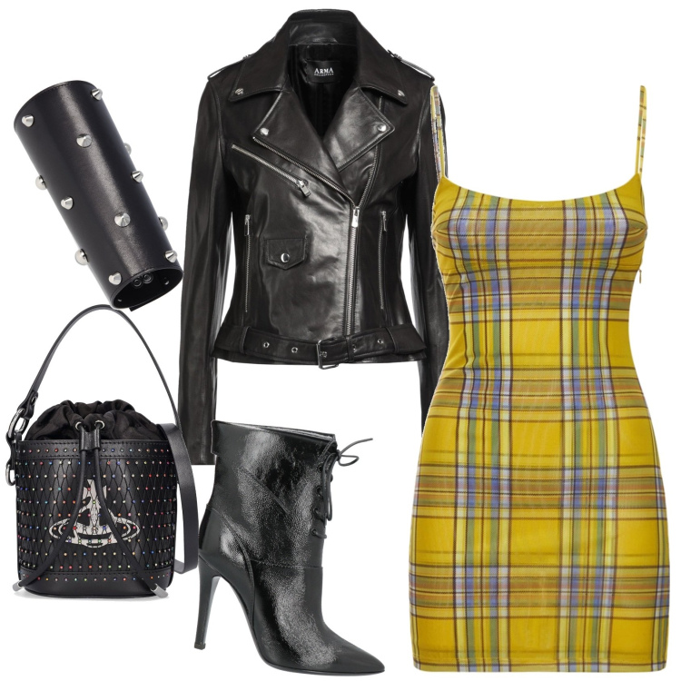 Outfit donna - Punk Autumn. Stile Rock per Tutti i giorni. Abbinamento con giacche, stivaletti, braccialetti, borse a secchiello, vestiti.
