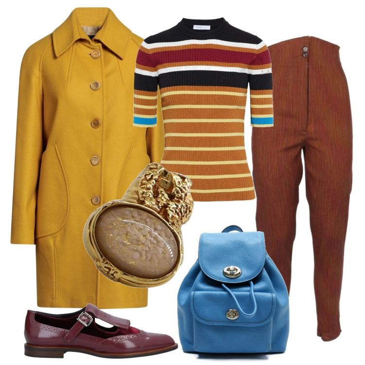 Outfit donna - Stravagante. Stile Mannish per Tutti i giorni. Abbinamento con mocassini, cappotti, anelli, pantaloni, pullovers, zaini.