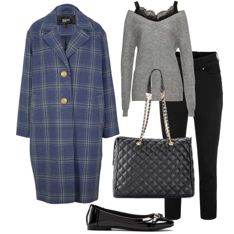 Outfit donna - Autunno con Bonprix. Stile Bon Ton per Tutti i giorni. Abbinamento con jeans, shopping bag, maglieria, cappotti, ballerine.