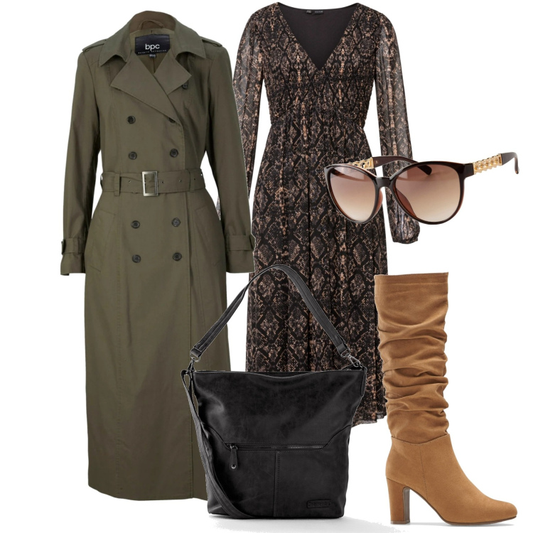 Outfit donna - Autunno con Bonprix. Stile Casual chic per Ufficio. Abbinamento con borse a tracolla, vestiti, trench, stivali, occhiali da sole.