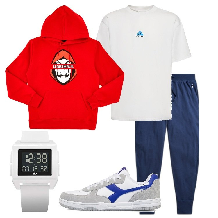 Outfit uomo - Felpa con cappuccio. Stile Casual per Tutti i giorni. Abbinamento con sneakers, pantaloni, felpe, orologi digitali, t-shirt.