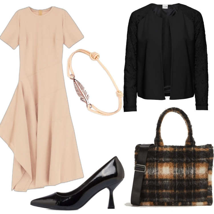 Outfit donna - Total look #1708779. Stile Chic per Tutti i giorni. Abbinamento con blazer, shopping bag, vestiti asimmetrici, décolleté, braccialetti.