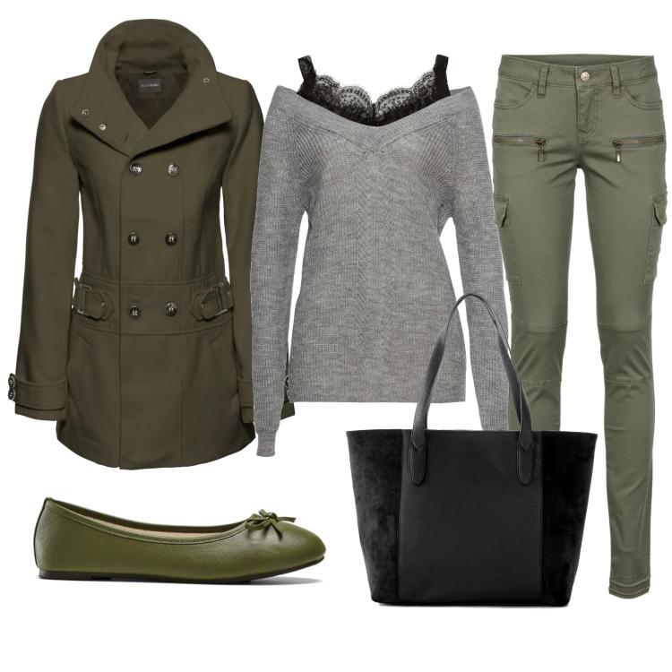 Outfit donna - Green the king. Stile Casual chic per Tutti i giorni. Abbinamento con pantaloni cargo, shopping bag, maglieria, cappotti, ballerine.