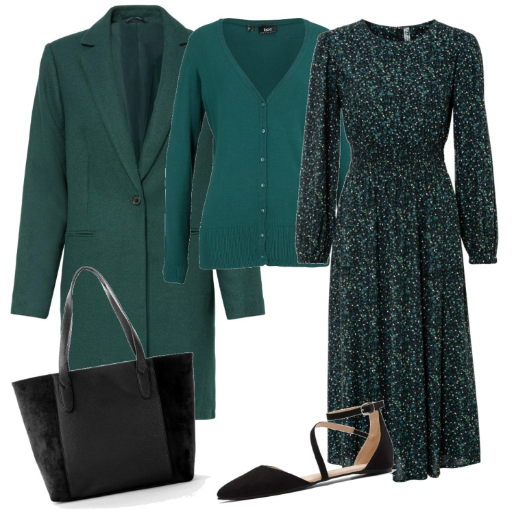 Outfit donna - Sofia. Stile Casual per Tutti i giorni. Abbinamento con vestiti midi/longuette, shopping bag, cardigans, cappotti, ballerine.
