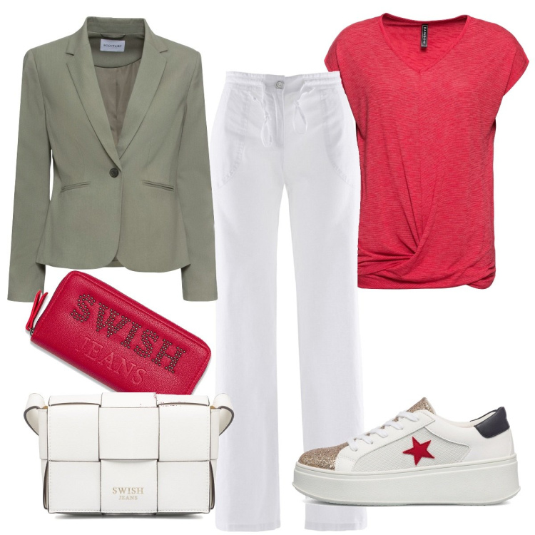 Outfit donna - Rientro in sneakers e blazer. Stile Casual per Ufficio. Abbinamento con maglieria, blazer, pantaloni a palazzo, sneakers, borse a tracolla, portafogli.
