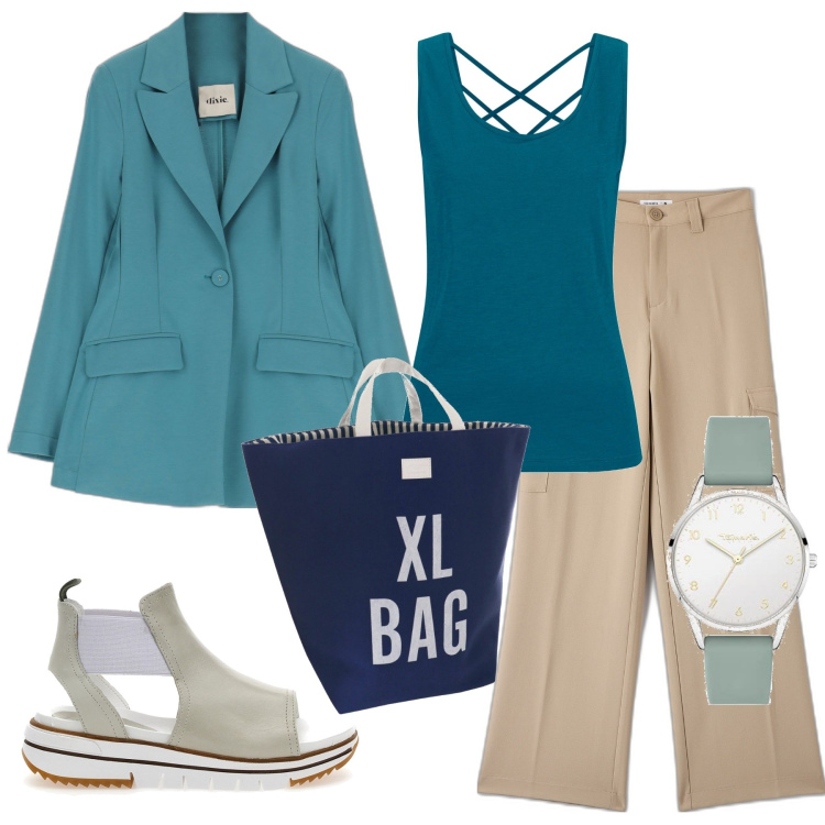 Outfit donna - La giacca ottanio casual. Stile Casual per Ufficio. Abbinamento con top, pantaloni cargo, giacche, sandali in pelle, orologi analogici, borse a secchiello.