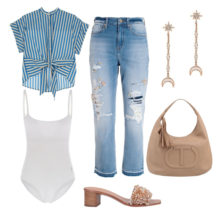 Outfit donna - Jeans d estate. Stile Casual chic per Tutti i giorni. Abbinamento con sandali in pelle, borse a mano, jeans strappati, body, camicie a manica corta, orecchini.