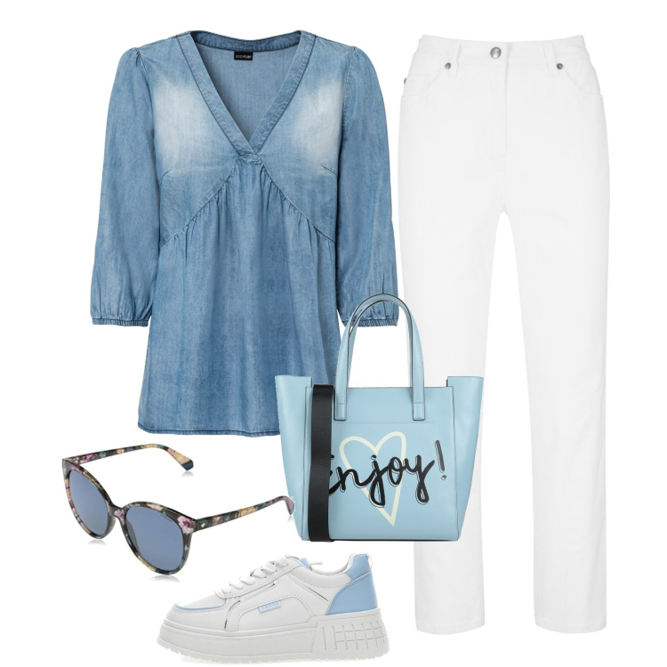 Outfit donna - Total look #1709085. Stile Casual per Tutti i giorni. look ideale per Petite. Abbinamento con pantaloni, tuniche, borse a mano, sneakers, occhiali da sole.