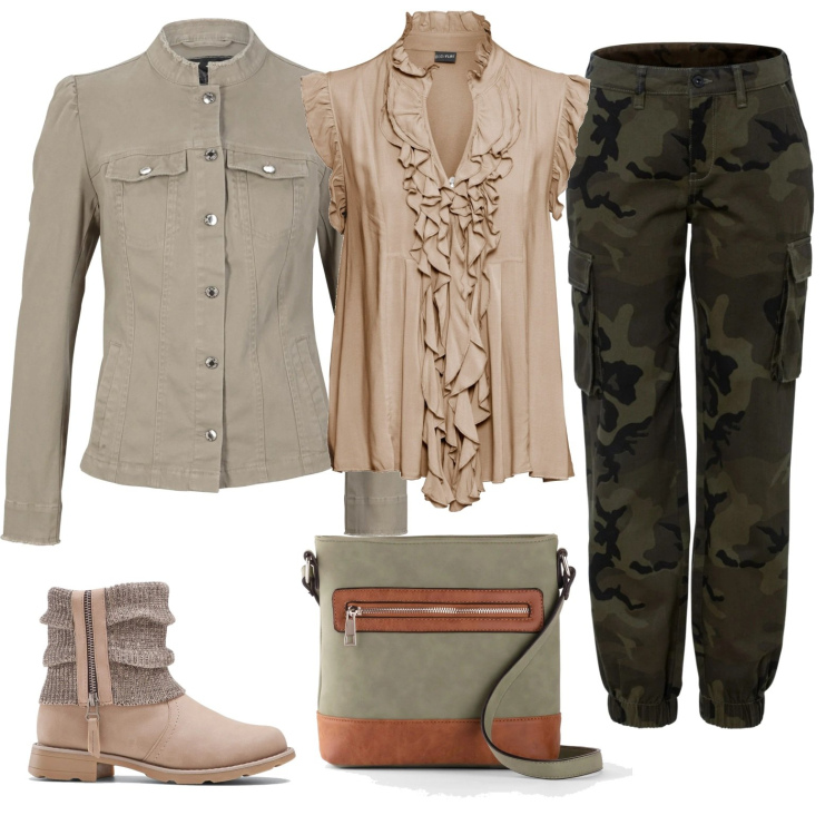 Outfit donna - Total look #1709094. Stile Casual chic per Tutti i giorni. Abbinamento con stivaletti, pantaloni cargo, maglieria, blazer, borse a tracolla.