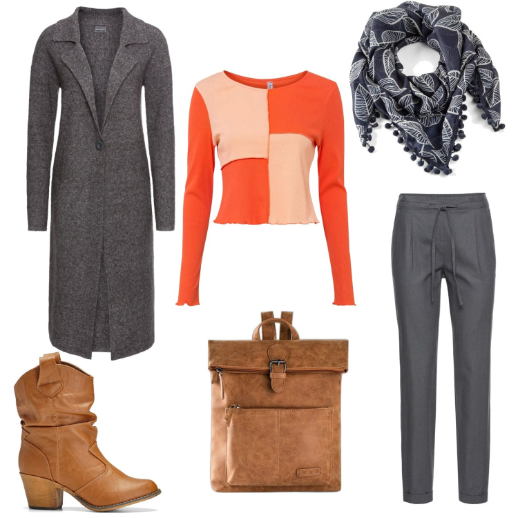 Outfit donna - Total look #1709118. Stile Trendy per Tutti i giorni. Abbinamento con pantaloni, stivaletti texani, zaini, maglieria, cappotti, foulard.