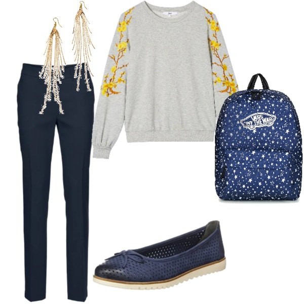 Outfit donna - A scuola con stile. Stile Trendy per Scuola/Università. Abbinamento con pantaloni, orecchini, zaino blu, felpa fantasia floreale con scollo a maniche lunghe grigio, scarpe col tacco navy.