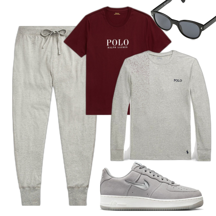 Outfit uomo - Finto gymn. Stile Casual per Tutti i giorni. Abbinamento con t-shirt, pantaloni, maglieria, sneakers, occhiali da sole.