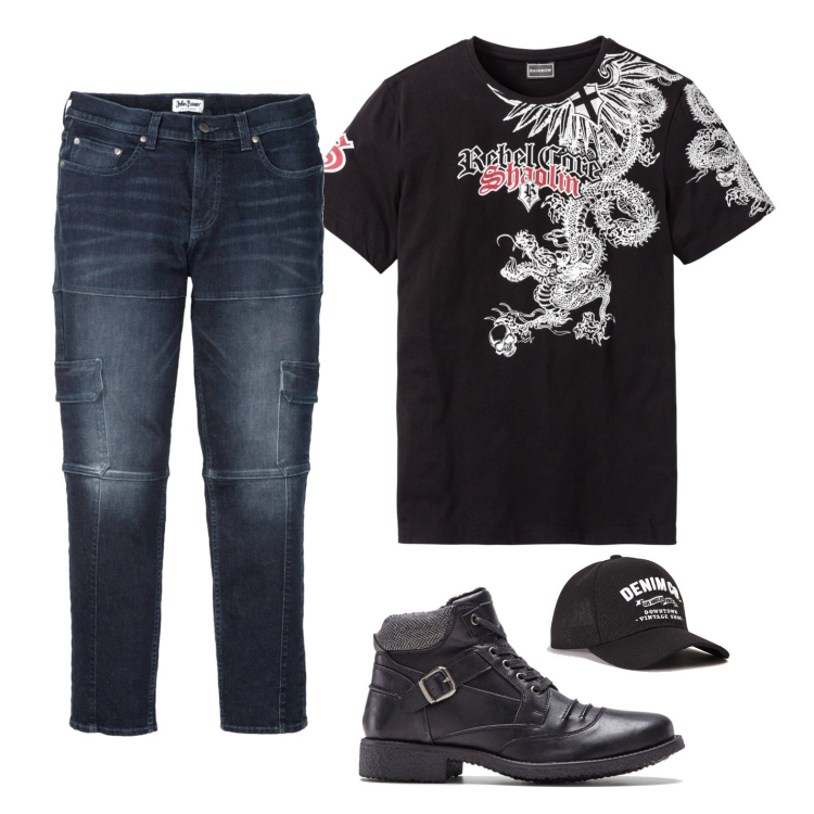 Outfit uomo - Dragon. Stile Casual per Tutti i giorni. Abbinamento con jeans slim fit, t-shirt, stivali e stivaletti, cappelli con visiera.