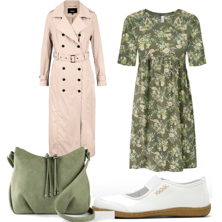 Outfit donna - Utility chic con Bon prix. Stile Trendy per Tutti i giorni. Abbinamento con ballerine, vestiti, borse a tracolla, trench.