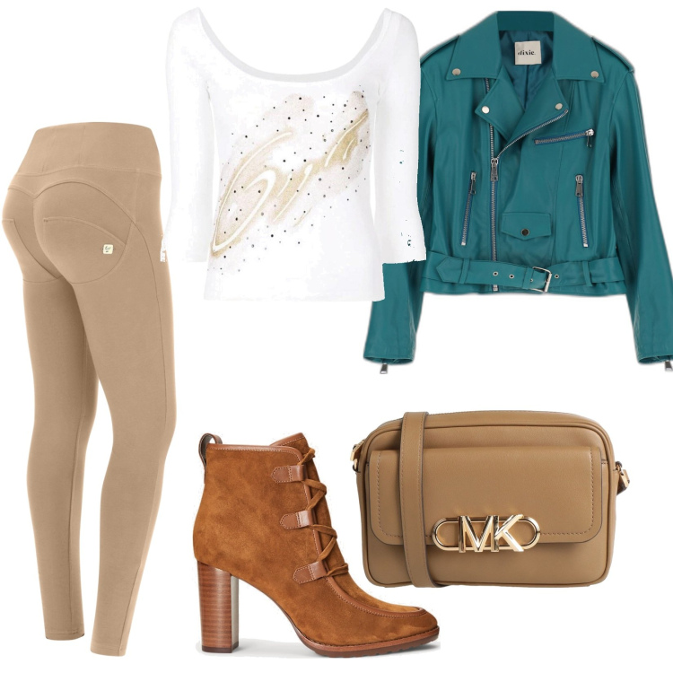 Outfit donna - Sere pre autunnali. Stile Trendy per Serata fuori. Abbinamento con top, borse a tracolla, pantaloni skinny, giacche, stivaletti.