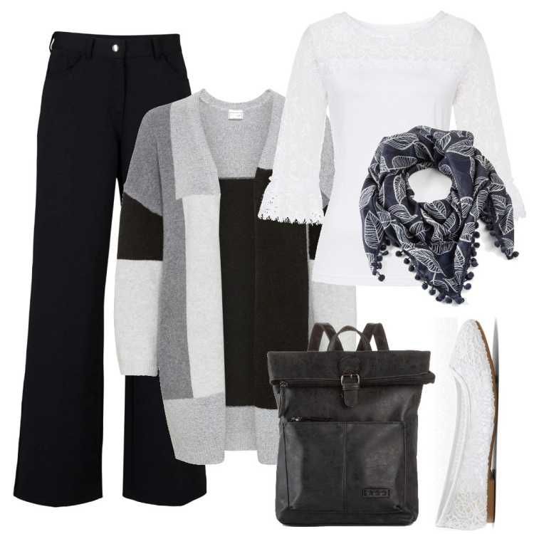 Outfit donna - Ufficio. Stile Basic per Ufficio. Abbinamento con zaini, ballerine, pantaloni, cardigans, maglieria, foulard.