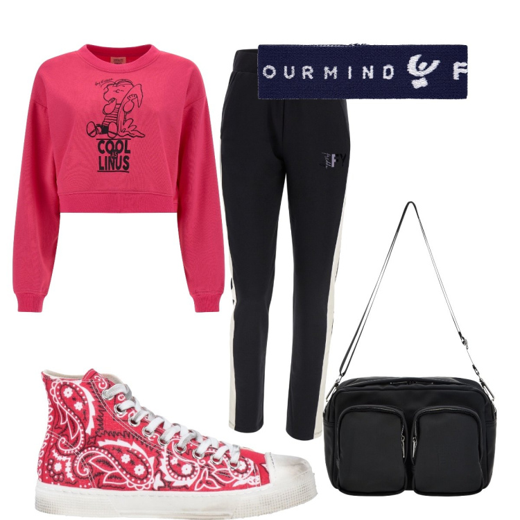 Outfit donna - Colori vivaci con Freddy. Stile Trendy per Sport. Abbinamento con sneakers, braccialetti, felpe, borse a tracolla, pantaloni.