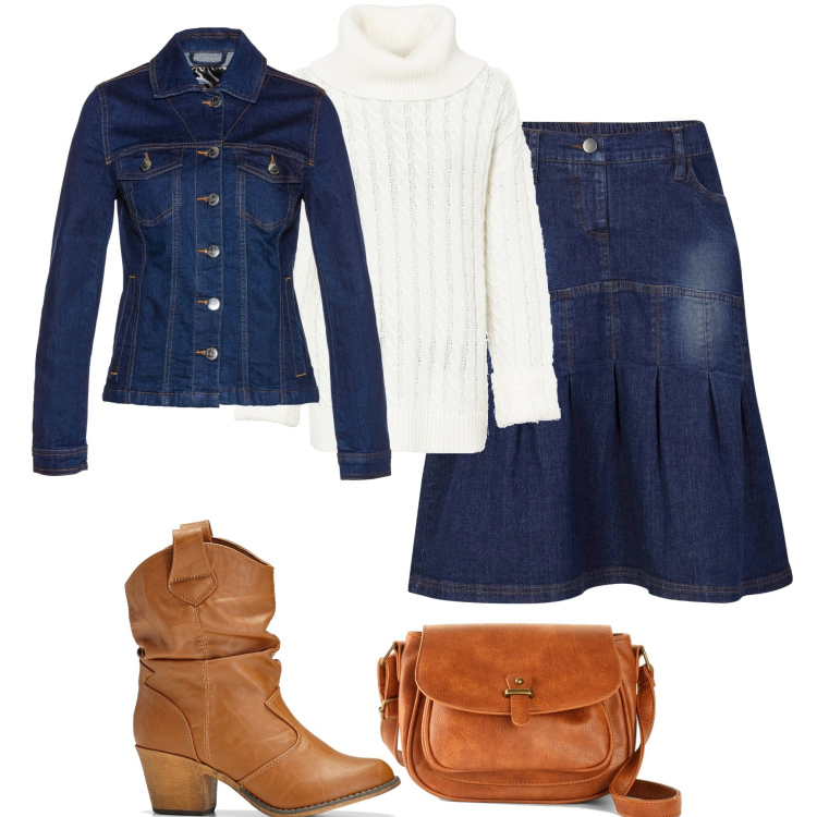 Outfit donna - Jeans in autunno. Stile Casual per Tutti i giorni. Abbinamento con borse a tracolla, gonne, maglieria, blazer, stivaletti texani.