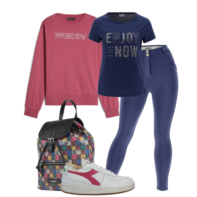 Outfit donna - Freddy fall-winter. Stile Sporty chic per Tutti i giorni. Abbinamento con sneakers, zaini, pantaloni skinny, t-shirt, felpe.